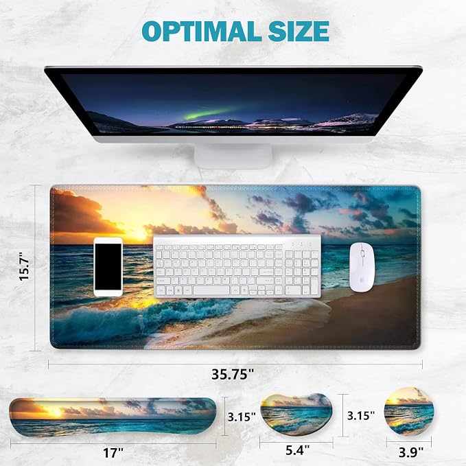 ToLuLu Mouse Pad, Memory Foam Ergonomic Keyboard Mouse Wrist Rest Support | Large Extended Gaming Desk Mat with Stitched Edges, Non-Slip Base Mousepad Set for Home Office Game and Study, Beach Sunset