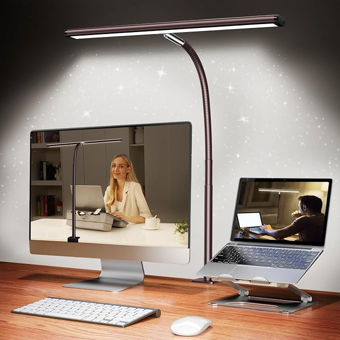 Airlonv LED Desk Lamp with Clamp, 17" Stepless Dimming Light, Brown | 2700K-6500K, 100 LEDs, 360° Gooseneck, Fits Up to 30" Monitors, Flicker-Free Lighting for Home Office, Study& Workbench