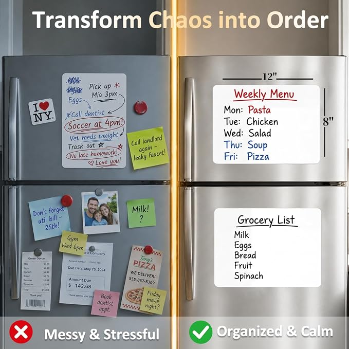 Small Magnetic Whiteboard for Fridge: 2-Pack Menu & Grocery Planner | Dry Erase Sheets for Shopping Lists & Meal Schedules - 12" x 8" Refrigerator Set Ships Flat with 3 Markers & 1 Eraser