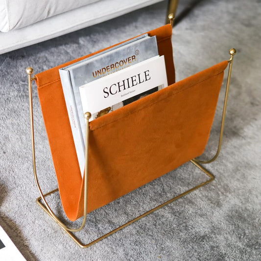 Plated Metal Wire and Suede Leather Magazine Holder Rack, Standing Rack for Magazines, Books, Newspapers, Home Staging Decoration
