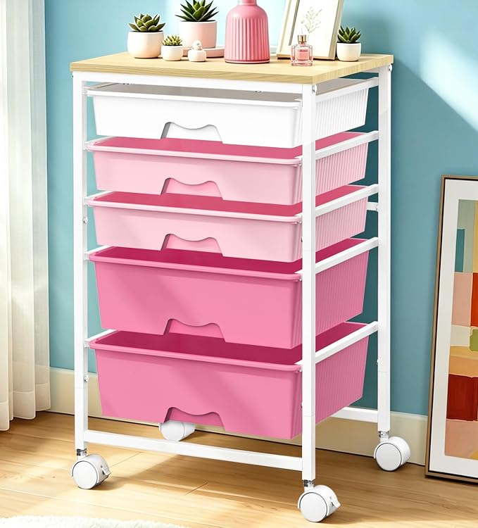 SUNALLY Rolling Carts with 5 Drawers, Storage Drawer Carts for Craft, Pink | Rolling Utility Cart with Wooden Tabletop & 2 Lockable Wheels, Teacher Storage Cart for Classroom School, Makeup, Nail, Art