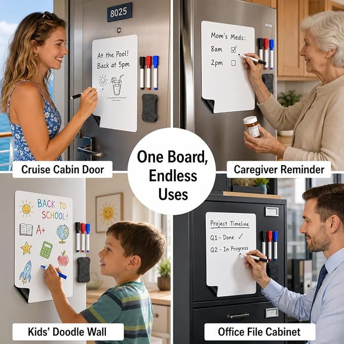 Magnetic Dry Erase Whiteboard 8"x12" for Fridge | Dry erase white board for fridge set with markers, eraser & magnets. Magnetic sheet sticks to fridge whiteboard