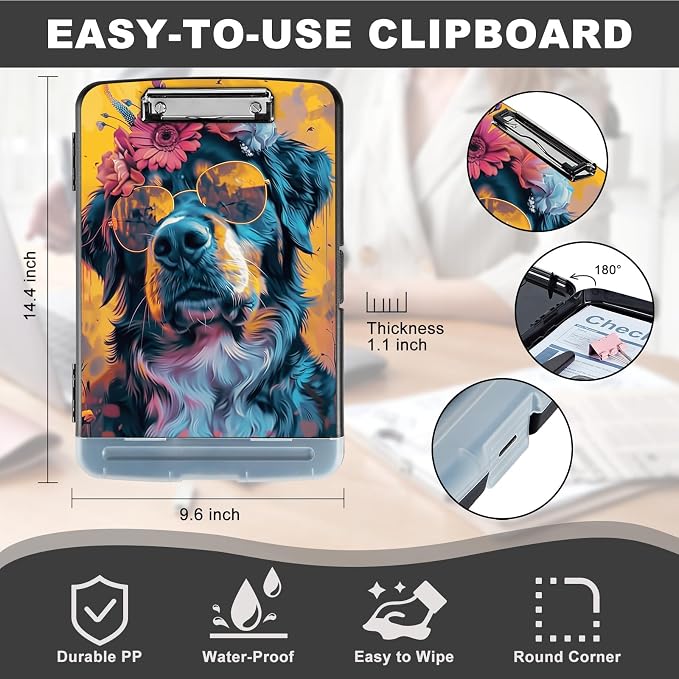Clipboard with Storage,Storage Clipboard with Pen Holder,Heavy Duty Plastic Storage Clipboard with Low Profile Clip,Teacher Must Haves,Clipboard Folder,Office Supplies,Dog and Floral -1330