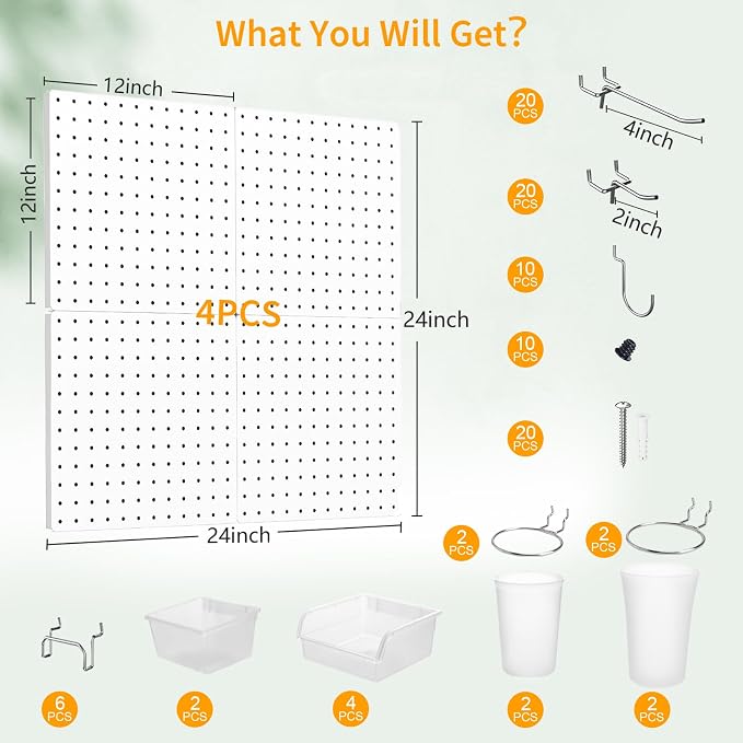 FZK Peg Board, 74PCS Metal Pegboard Wall Organizer Kit. Heavy Duty Pegboard, White Pegboard for Garage Craft Room Workbench Office Kitchen Tool Organization, 24 * 24