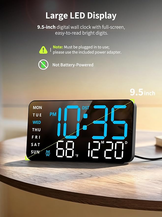 Abovsare Digital Wall Clock, Digital Clock Large Display, Corded LED Alarm Clocks with Date, Week, Temp, Auto Dimming, DST, Wall Mount or Desk Clock for Bedroom Living Room Classroom Office (Blue)
