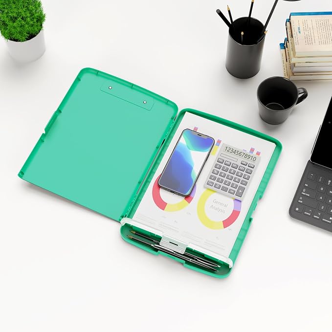 Hongri Clipboard with Storage with Pencil Case, 8.5 x 11 Storage Clip Board | High Capacity Organization Box for A4 Letter Legal Paper, Heavy Duty Folio & Side-Opening for Nurses, Teachers, Green