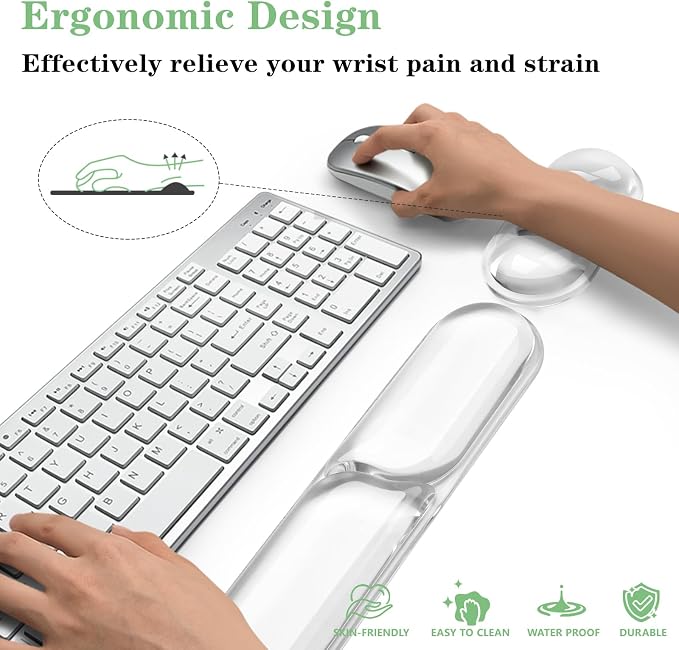 Gel Wrist Rest for Keyboard and Mouse Pad Set | Clear Gel Mouse Pad Wrist Rest, Non-Slip PU Base, Easy Typing, Pain Relief, Cute Desk Wrist Cushion for Office Home（02White）