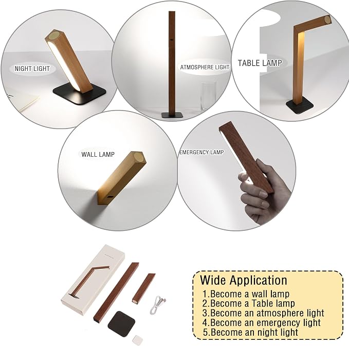 Wooden Desk Lamp Magnetic Wall Mount Rechargeable Home Office-Sapele | 360 Rotatable cordless night light ,Touch dimming,USB-C. Minimalist style for reading, bedside,artwork,working,ambiance