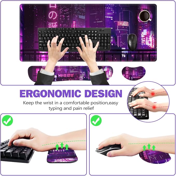 ToLuLu Extended Mouse Pad, Memory Foam Ergonomic Wrist Rest Support Set | Large Gaming Desk Mat with Stitched Edges fr Keyboard Mouse, Non-Slip Base Mousepad for Home Office, Neno City Anime Japanese