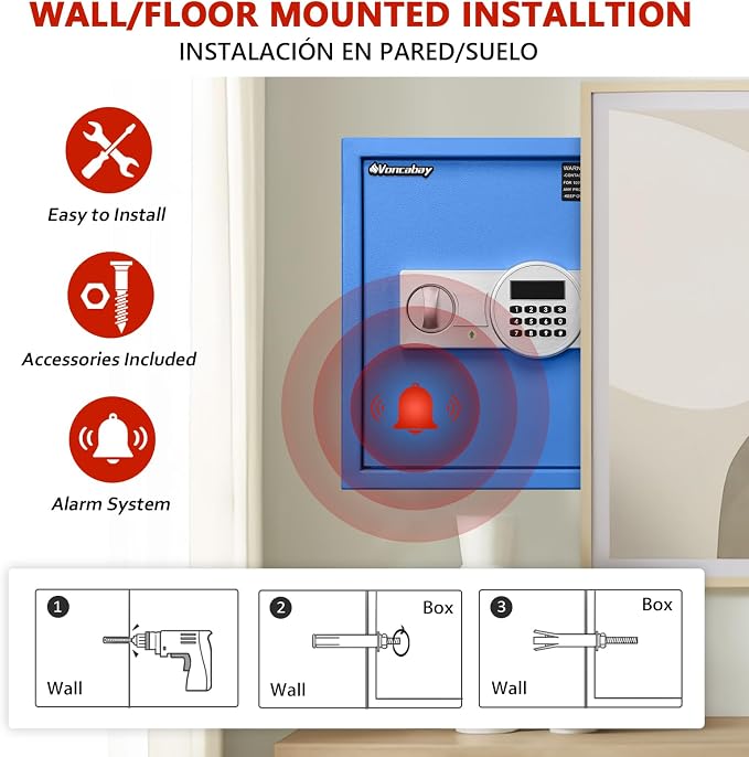 Voncabay Money Safe Box for Home with Digital Keypad, 1.5 Cu. Ft., Blue | Alloy Steel, 2 Fireproof Bags, Digital Keypad with Display, Removable Shelf, Alarm System, 14 x 13 x 13 In.