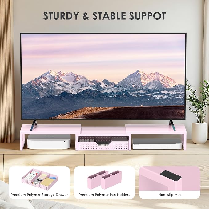 Desk Organizers and Accessories, Dual Monitor Stand Riser with Drawer and 2 Pen Holders, Desk Shelf Computer Racks for Office Workspace Organizers, Desktop Organization (Pink)