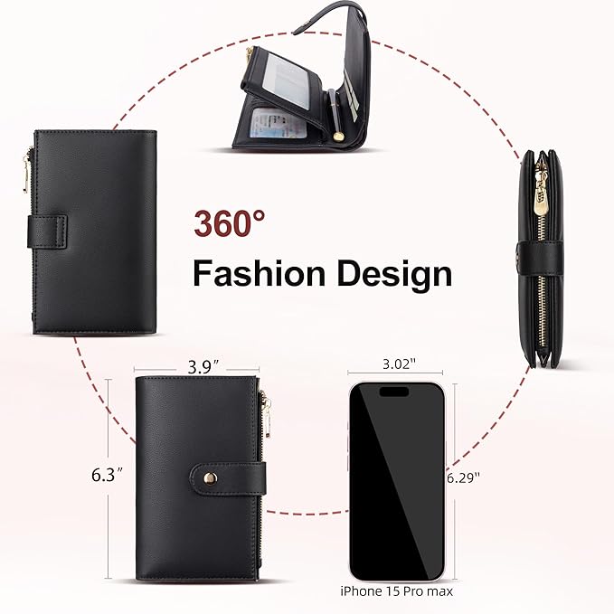 yiijay Wallet Women RFID Blocking Leather Trifold Clutch Wallet Credit Card Holder Ladies Travel Wallet Purse with Passport/Pen Holder
