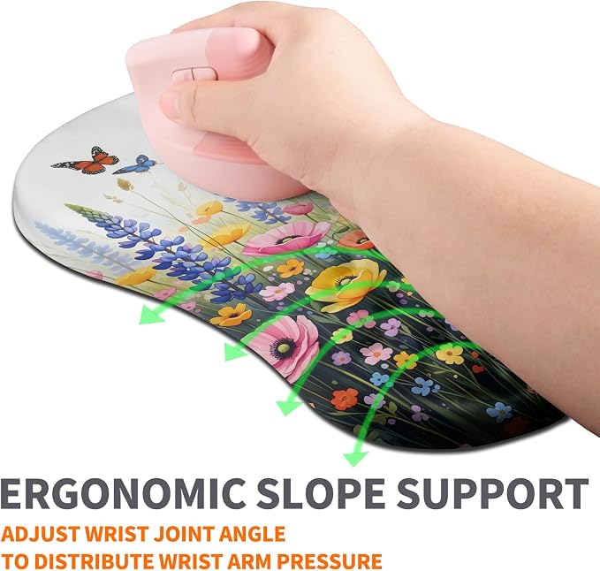 Ergonomic Joint Wrist Support Mouse Pad with Memory Foam Cushion Massage Bump, Carpal Tunnel Pain Relief Mousepad Slope Design for Wrist Rest, 11.8x7.9 in, Wild Flower
