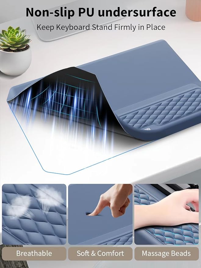 3-in-1 Ergonomic Keyboard Stand with Wrist Rest & Mouse Pad Set, Blue | Comfy Keyboard Riser Holder Soft Mousepad with Massage Design, Memory Foam and Non-Slip PU Base for Pain Relief