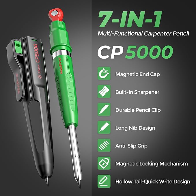 Nicpro 7-in-1 CP5000 Magnetic Carpenter Pencils with Sharpener and Holster | Construction Mechanical Pencil+10 Refill, Deep Hole Marker for Construction, Woodworking Pencil, Carpenter Tools for Marking