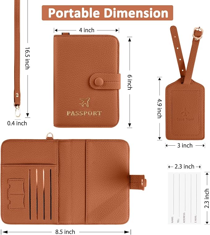Passport Holder RFID Protected Wallet and Luggage Tag with Protection Cover Travel Accessories Leather Card Case Organizer for Women Men (Brown)