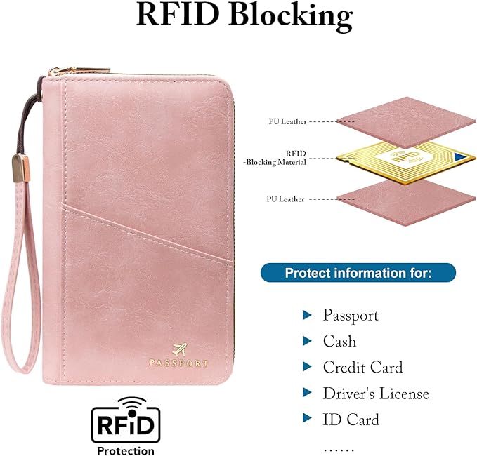 Family Passport Holder for Travel Women and Men RFID Passport Holder with Zipper Passport Case Passport cover Passport Wallet Travel Essentials and Accessories(1-2,Pink)