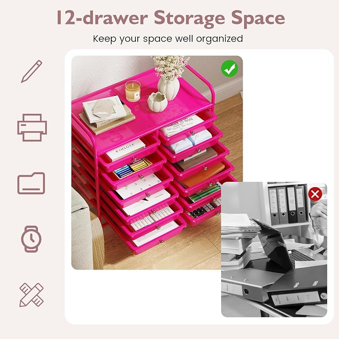 COSTWAY 12-Drawer Rolling Storage Cart, Utility Storage Organizer Cart | For Tools, Scrapbook, Paper, Craft, Multipurpose Art Supply Organizer on Wheels for Home Office School, Teacher, Hot Pink