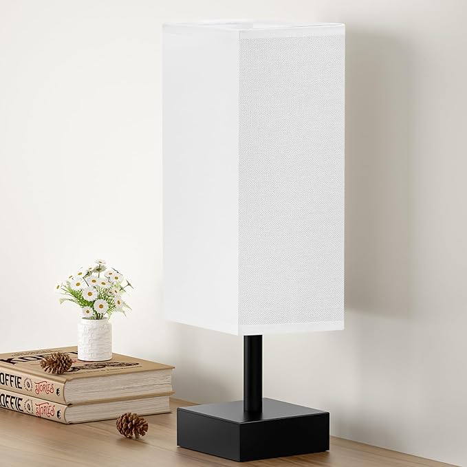 aooshine Small Bedside Table Lamp for Bedroom - Square White Fabric Shade | Inline Rocker Switch, Corded Electric, Bulb Not Included, 12.8" Mini Table Lamp for Nightstand, Desk, Dorm, Office