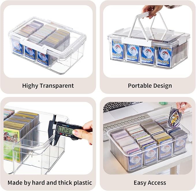 Portable Card storage box with 12 Removable Containers,Storage Box with lid for 2000+ Cards Fits for Standard Cards, TCG, PTG and Sport Cards, with 10 Soft Sleeves(clear,1pack)