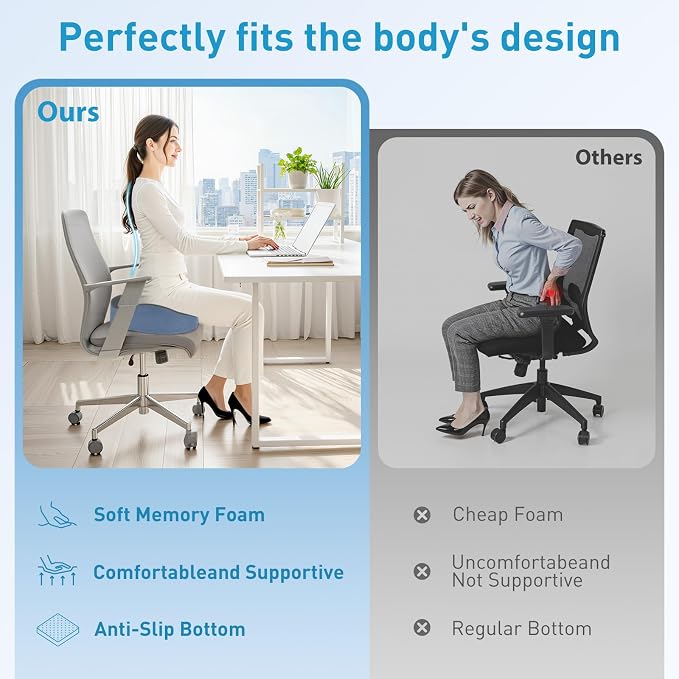 BlissTrends Extra Thick Seat Cushion for Office Chair & Car Seat, Grey&Blue | Tailbone & Sciatica Relief, Ergonomic Support, High-Density Memory Foam, Comfort for Extended Sitting