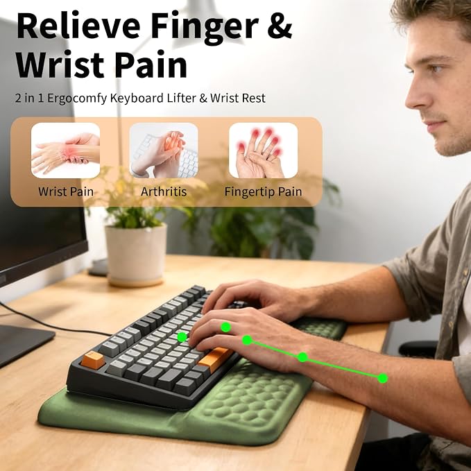 Wrist Rest with Keyboard Stand, Computer Wrist Support Pad, Ergonomic Keyboard Riser Hand Rest Soft Memory Foam Cushion Holder Gaming Typing Desk Accessories for Office Home School（Green）