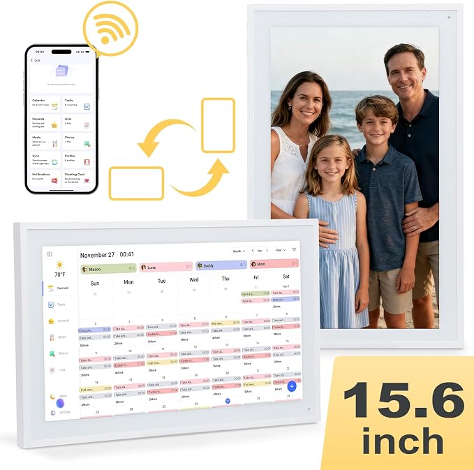 COMIX 15.6" Smart Digital Wall Calendar - WiFi Family Organizer with Sync Google/Outlook/Apple Calendar, Touchscreen Meal Planner & Chore Chart, Digital Photo Frame for Home & Office
