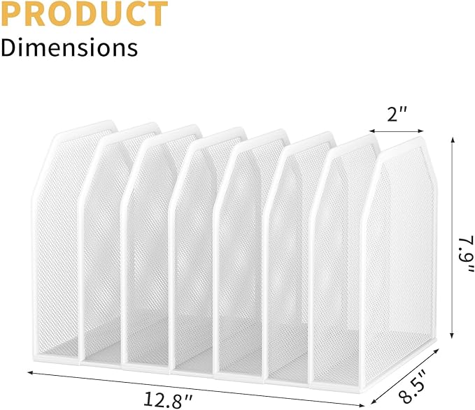 FANXIYQ Metal 7 Section File Folder Organizer for Desk | Vertical Office File Holder | Heavy-Duty Mesh Document Sorter for Books, Binders, Laptops | Desk Organizer,7 Sections White