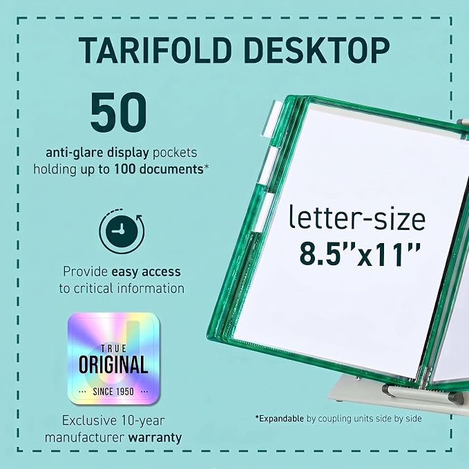 Tarifold Desktop Reference Display System, 50 Pockets, Expandable, Green | 50 double-sided PVC pockets, holds 100 letter-size sheets, sturdy metal base, quick-find indexing, quick and easy to assemble