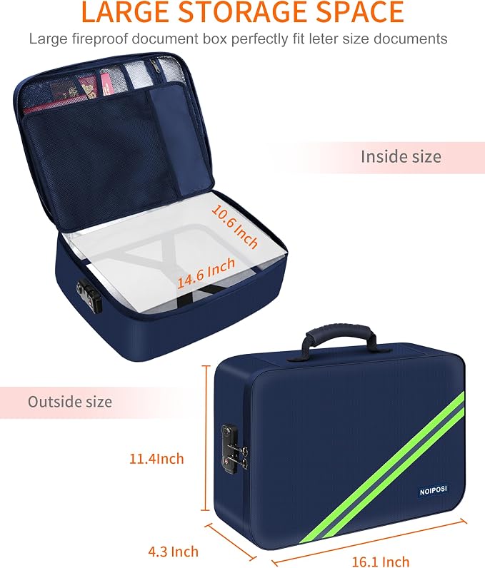 5200℉ Fireproof Document Box with Lock 16.1"x11.4"x4.3" | Portable ,Home ,Travel Water Resistant Document Storage Organizer with for Important Documents and File ,Blue
