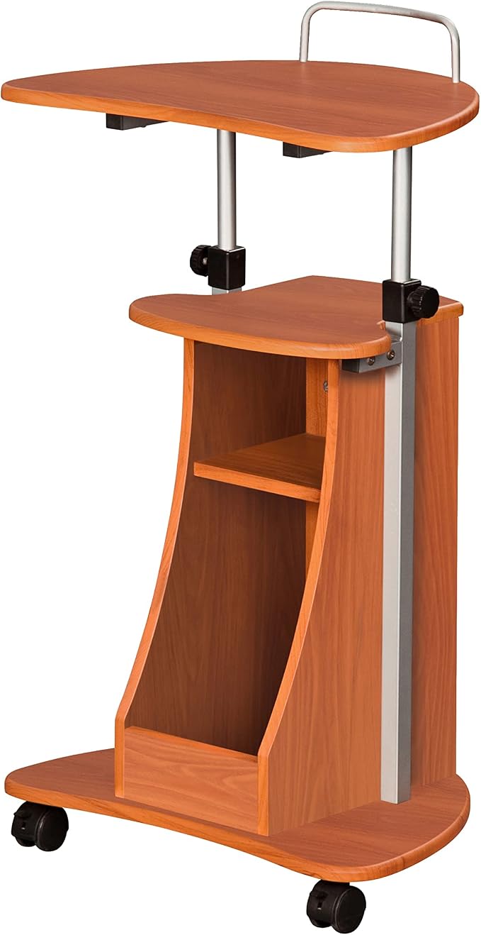 Techni Mobili Adjustable Height Rolling Laptop Cart with Storage, Woodgrain | Adjustable height rolling laptop cart with storage drawer, open shelf, wheels, sit‑stand design for office or medical use