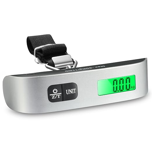 Fosmon Digital Luggage Scale, 110lbs Suitcase Baggage Scale, 1 Pack Silver | LCD Backlight Display, Temperature Sensor, Tare Function, Stainless Steel Heavy Duty, Hanging Suitcase Scale
