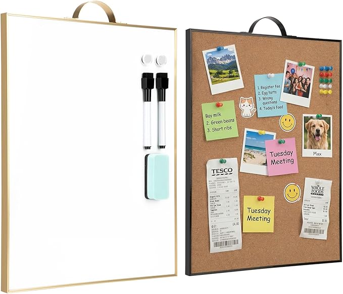 Small Whiteboard Cork-Board Combo for Wall, 2-Board Set, 24"x16" Total | Portable Aluminum Frame Magnetic Dry Erse Board Mini Bulletin Cork Board with a Handle for School, Office, Home