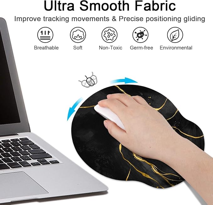 Ergonomic Mouse Pad Set with Wrist Rest, Black Gold Marble | Abstract Modern Non-Slip Rubber Base Wrist Cushion Support and Coasters Mousepad with Wrist Support for Computer Keyboard