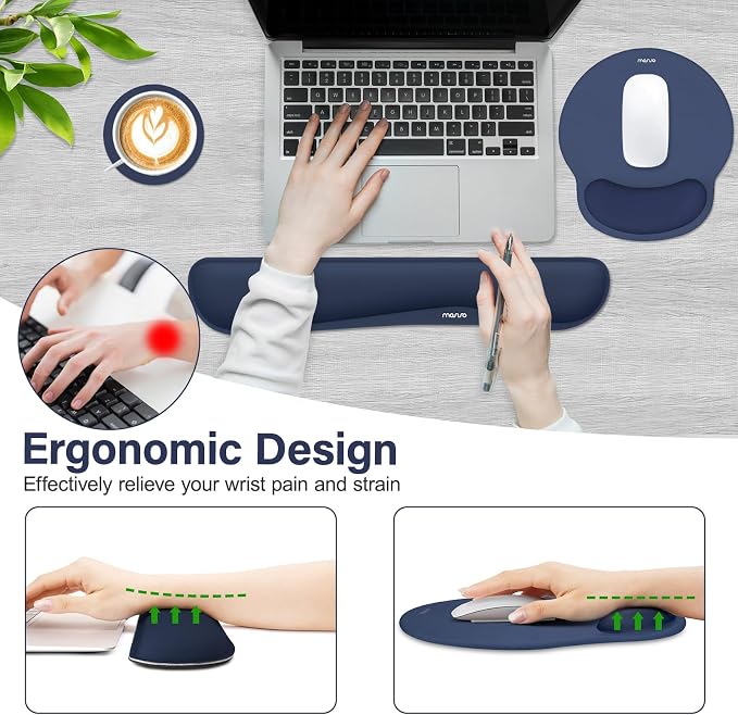 MOSISO Wrist Rest Support for Mouse Pad&Keyboard Set, Navy Blue | Streamline Ergonomic Mousepad&Coaster Non-Slip Base Home/Office Pain Relief&Easy Typing Pad with Soft Cloth&Silicone Lining