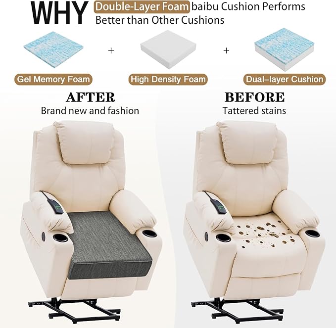 baibu Extra Large Dual-Layer Gel Memory Foam Recliner Cushions for Elderly, 20x20x5 Inch Thick Non-Slip Recliner Seat Cushion Suitable for Couch for Easy to Stand Up & Reduce Hip & Lumbar Pain, Grey