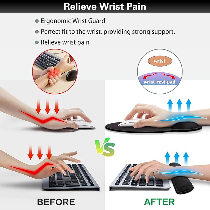 Mouse Pad Black, Ergonomic Keyboard Wrist Rest, Mouse Pad with Wrist Rest | Gaming Mousepad with Wrist Support, Memory Foam Wrist Rest Set for Computer Keyboard, Office Desk Accessories
