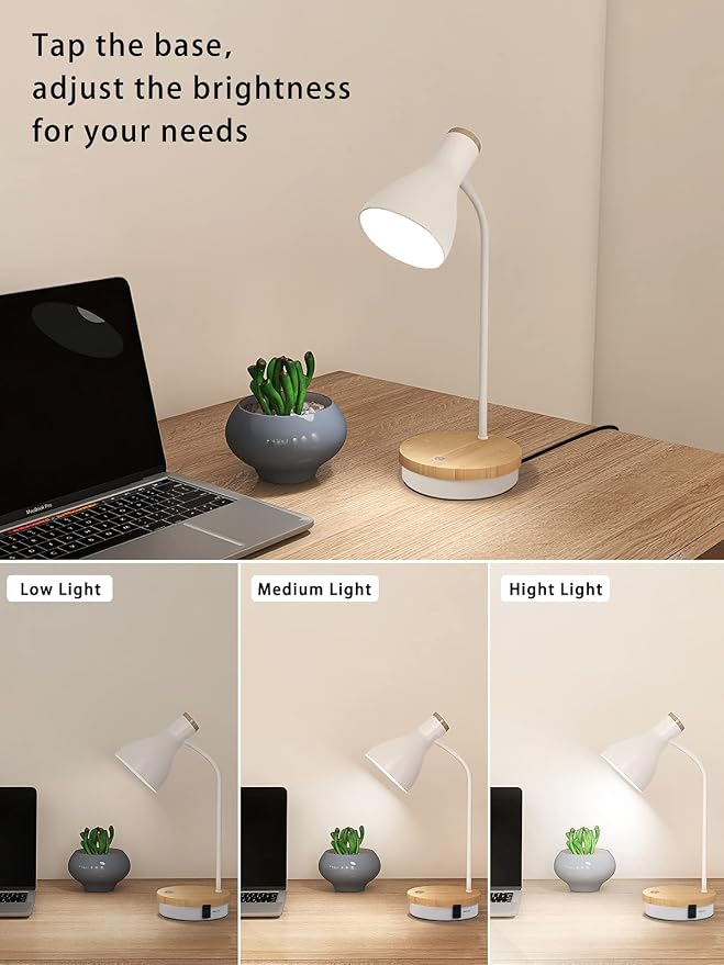 LALISU Metal Desk Lamp Wireless Charging Table Lamp Touch Reading Lights Arc Desk Lamps for Bedroom, 3 Way Dimmable Bedside Lamp with USB Charging Ports Lamp for Study Room and Office (Touch-White)