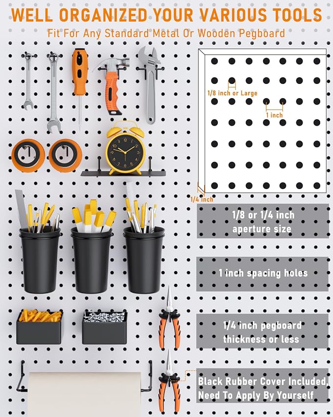 INCLY 30PCS Peg Board Organizer Accessories Kit with Bins, Cups & Baskets | Pegboard Hooks Assortment, Wire Baskets, Paper Towel Holder, 1/8" and 1/4" Pegboard, For Garage Workbench Craft Room
