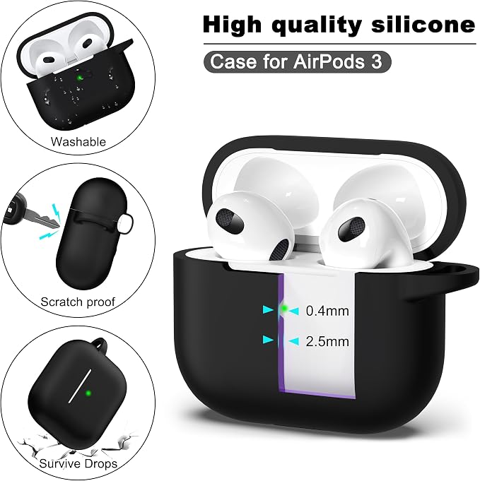 R-fun Compatible with AirPods 3 Case Cover, Silicone Protective Accessories Skin with Keychain Compatible with Apple AirPod 3rd Generation 2021 for Women Men Girls Boys,Front LED Visible,Black