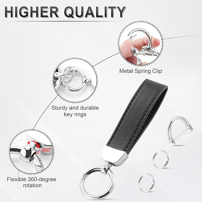 JUSTTOP Leather Keychain, Car Key Chain with Anti-Lost D-Ring and 2 Key Ring, Keychain Wristlet, Car Accessories, Universal Keychain for Men and Women (Black)