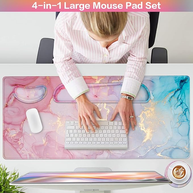 Mouse Pad Pink, Mouse Pad with Wrist Rest, 4-in-1 XXL Extended Large Desk | Mat Mousepad with Gel Wrist Support+Keyboard Wrist Rest+Coaster,Ergonomic Desk Pad for Study Gaming Home Office Computer