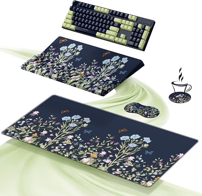 Ospelelf Keyboard Wrist Rest Stand Pad and Ergonomic Mouse Pad Set with Large Mousepad, Memory Foam Comfort, Premium Office Desk Accessories for Pain Relief, Moonlit Blossoms