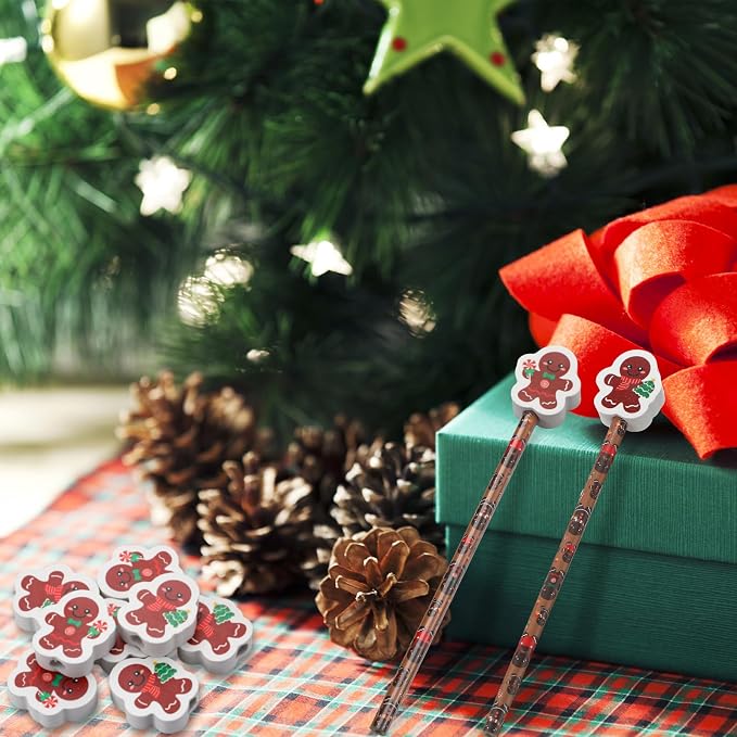 32 Pcs Gingerbread Pencils with Erasers, 16 Christmas Gingerbread Pencils Bulk 16 Erasers Winter Christmas Stationery Supplies for Classrooms Exchange Reward Prizes Home Office School Supplies