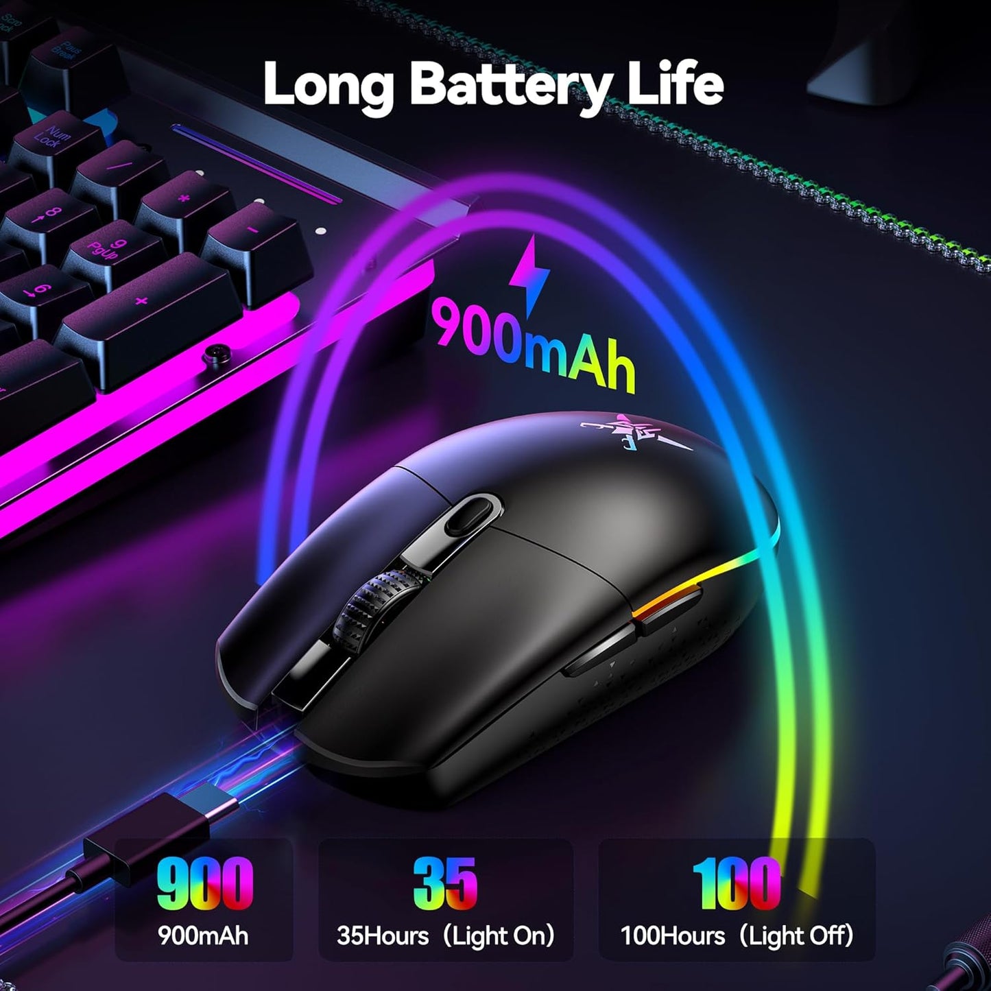 TECKNET Wireless Gaming Mouse Rechargeable - 8000 DPI, Long-Lasting 100Hrs Battery, RGB Backlit, 6 Programmable Buttons, Dual Connectivity (2.4G + USB-C) for PC, Mac, Laptop - Black