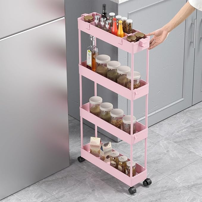 2-piece Set Slim Storage Cart 3 Tier,Bathroom Organizer Rolling Utility,Mobile Shelving Unit Slide Out for Office, Kitchen, Laundry Room & Narrow Places