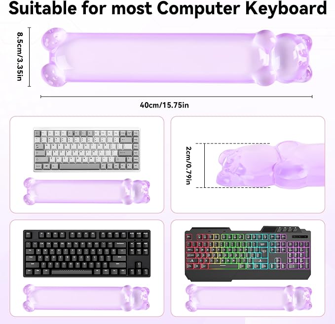 Clear Gel Keyboard Wrist Rest, Bear-Shape Wrist Rest, Ergonomic Wrist Rest for Computer Keyboard 60%/75% (Purple)
