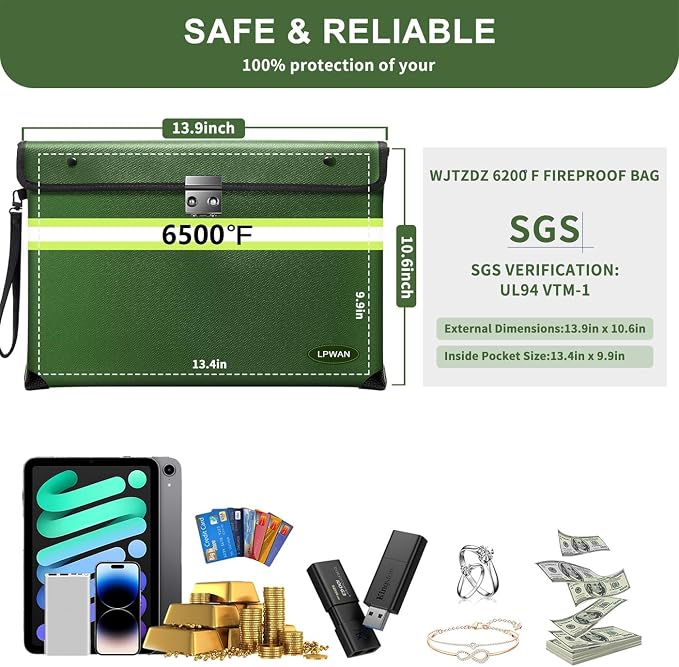 6500°F Fireproof Document Bag, Upgraded Fireproof/Waterproof Money Bag with Zipper/Reflective Strip,Storage Pouch for A4 Letter Size Document,Cash,Cell Phone,Passport