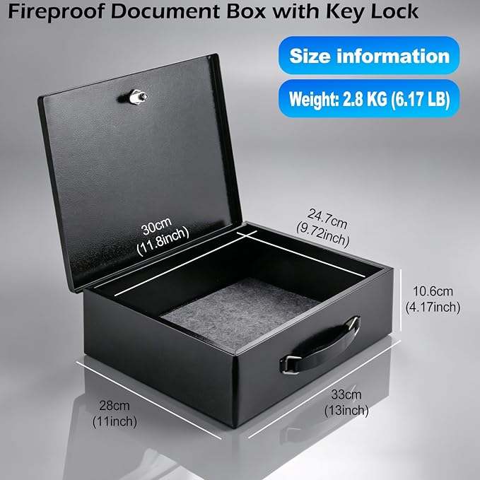 Fireproof Document Box with Key Lock, Fire Resistant Safe Box | Small Lock Boxes for Personal Items, Documents, Jewelry, Passport, Cash13.2"x11"x4.13" Black