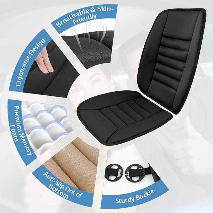 Car Seat Cushion, Memory Foam Cushion with Back Support, Black | Seat Cushion for Full Back and Seat, Ideal for Car Seat Driver, Office Chair, Wheelchair and Back Pain Relief